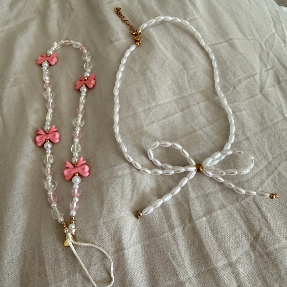 Charming Pink and White Bow Beaded Kids Necklace Set